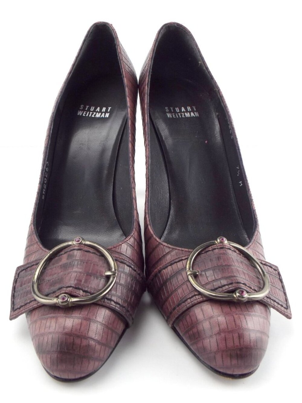 STUART WEITZMAN Buckled Purple Lizard Print Leather Heel Pumps 7.5